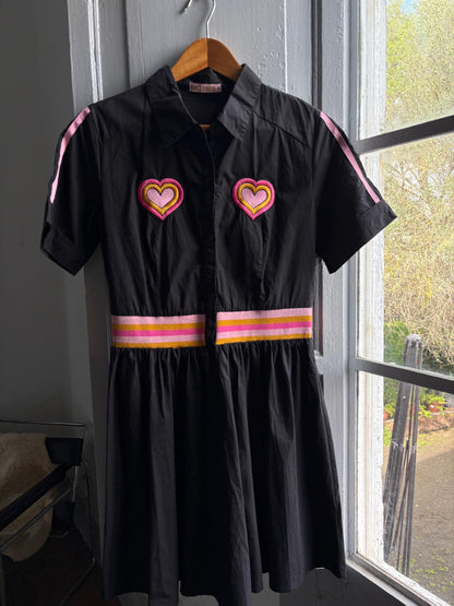 Retro black cotton dress, colorful heart appliques, retro 80s vibe, M