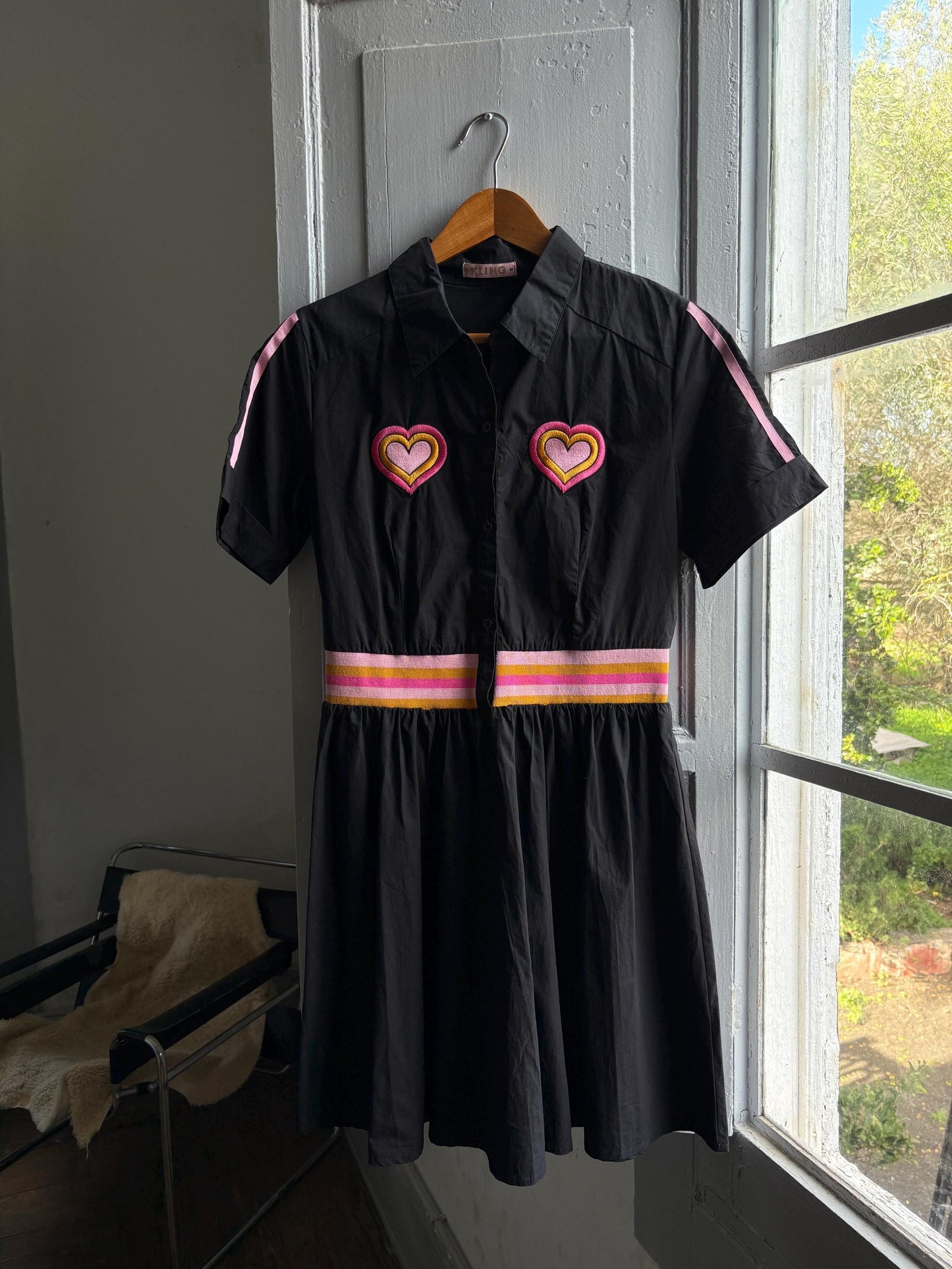 Retro black cotton dress, colorful heart appliques, retro 80s vibe, M