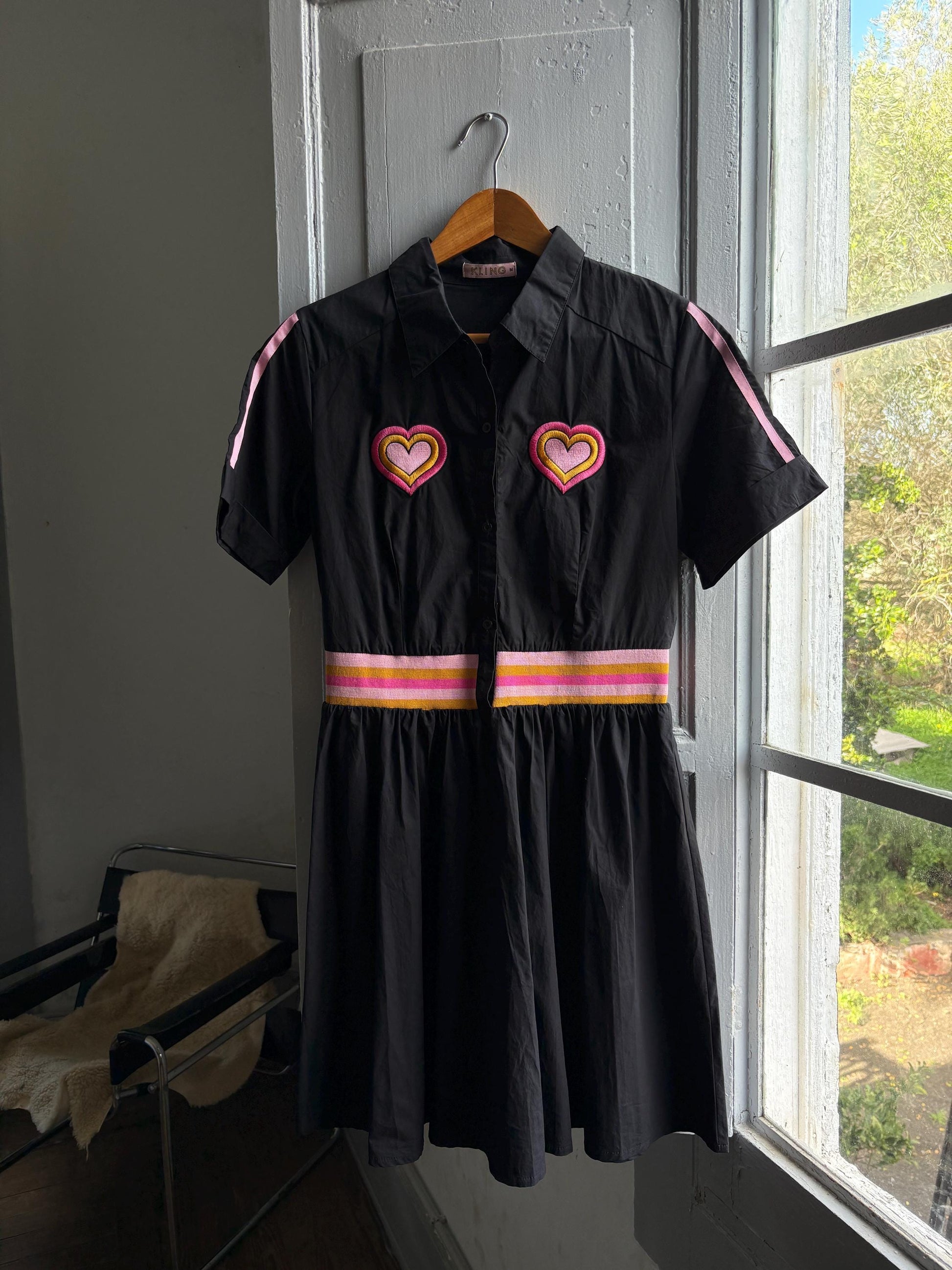 Retro black cotton dress, colorful heart appliques, retro 80s vibe, M