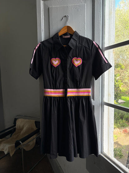 Retro black cotton dress, colorful heart appliques, retro 80s vibe, M