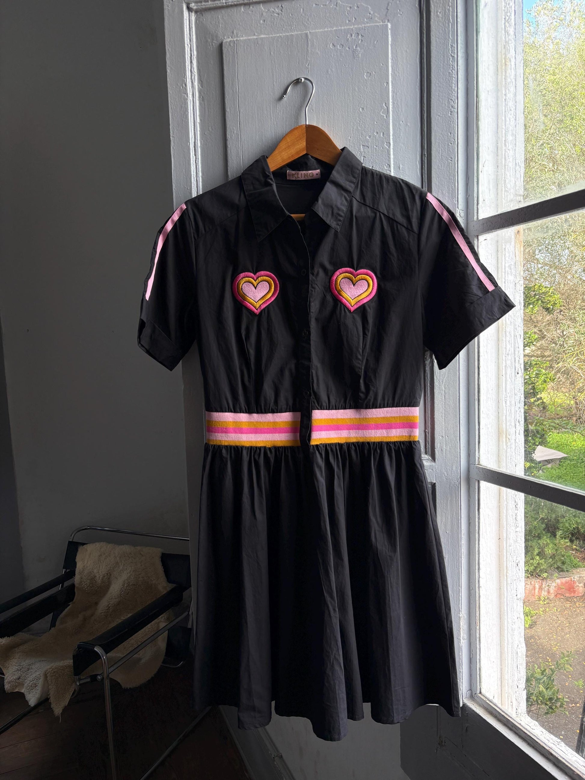 Retro black cotton dress, colorful heart appliques, retro 80s vibe, M
