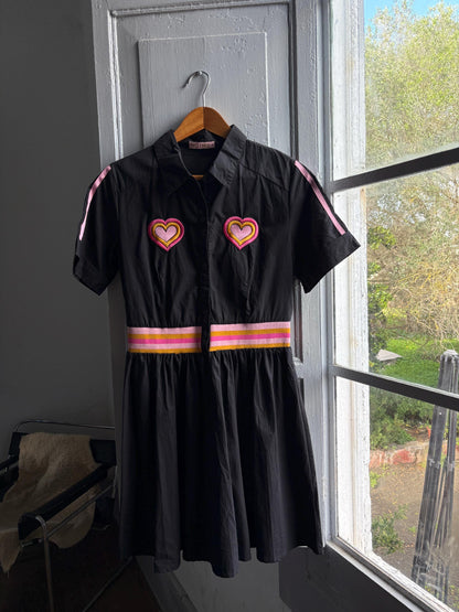 Retro black cotton dress, colorful heart appliques, retro 80s vibe, M