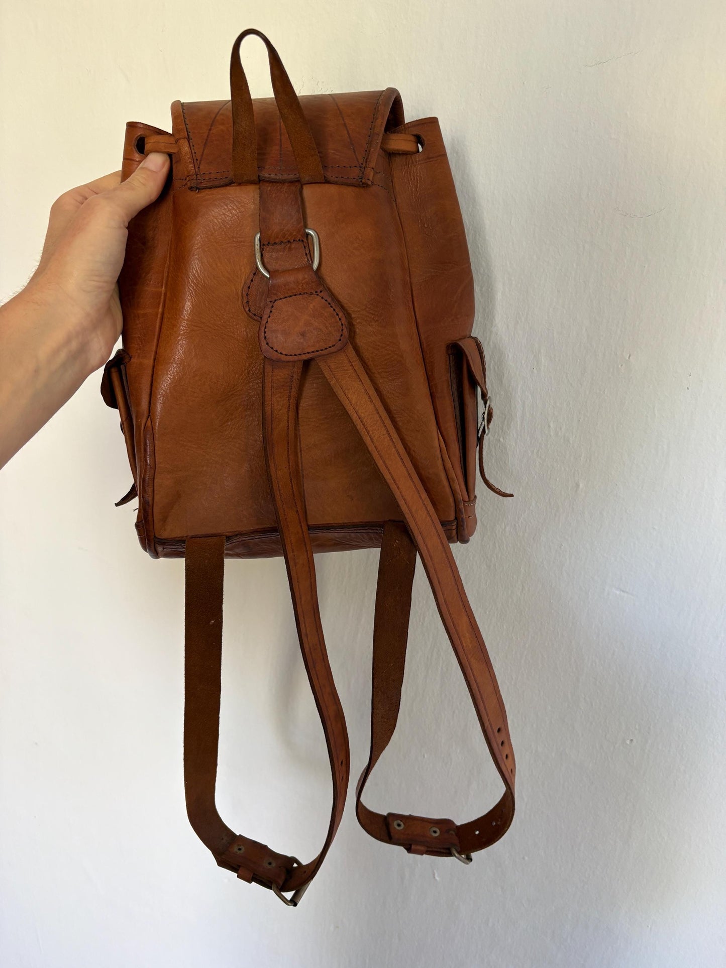 Vintage Brown Leather Bohemian Backpack — back view