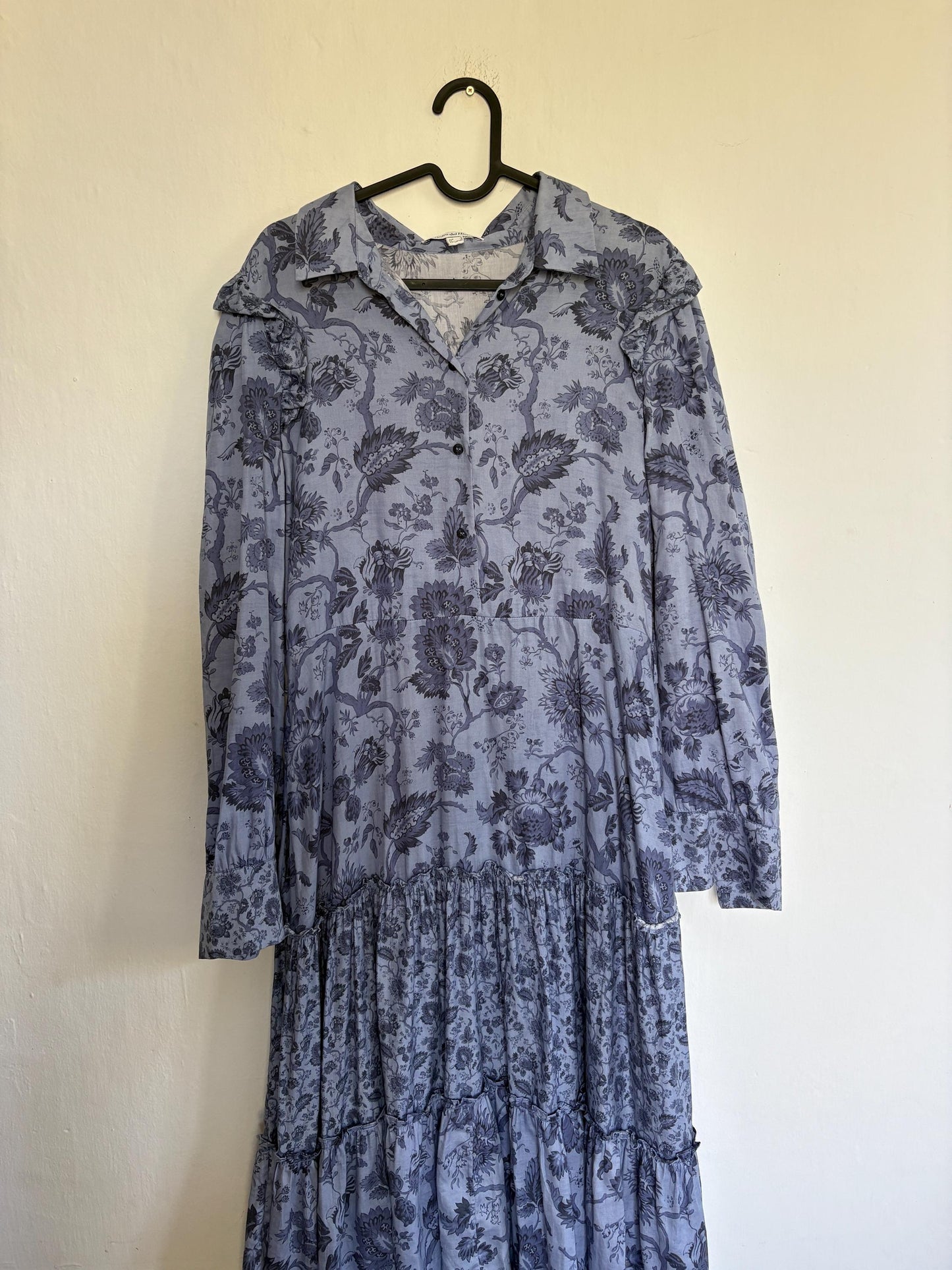 Pedro del Hierro blue floral maxi dress, Flower print summer dress with long sleeves, L