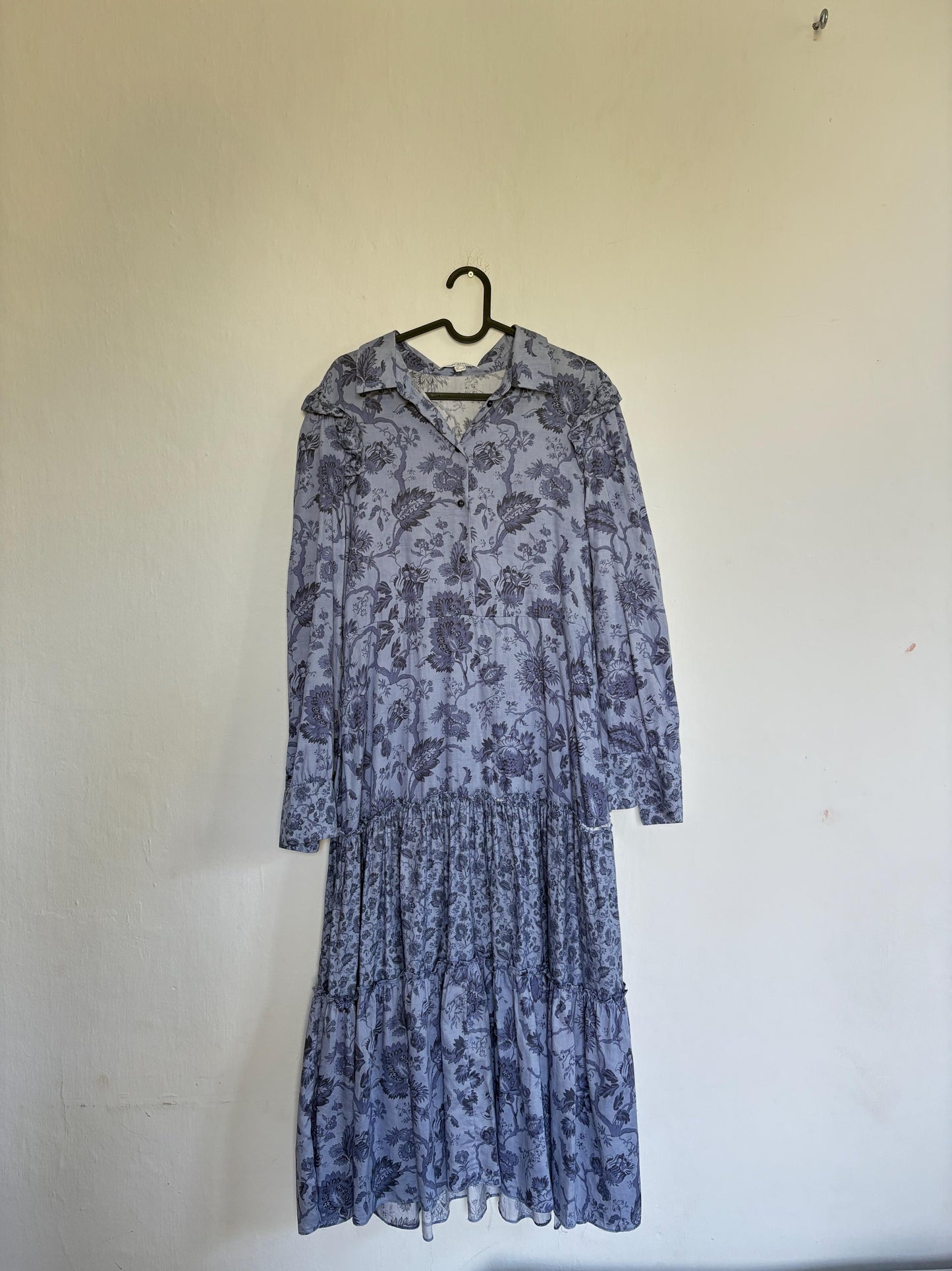 Pedro del Hierro blue floral maxi dress, Flower print summer dress with long sleeves, L