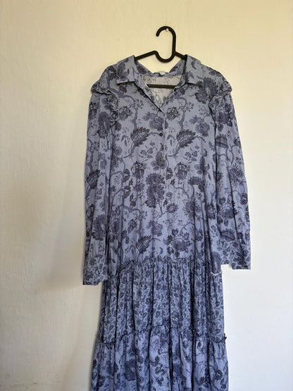 Pedro del Hierro blue floral maxi dress, Flower print summer dress with long sleeves, L