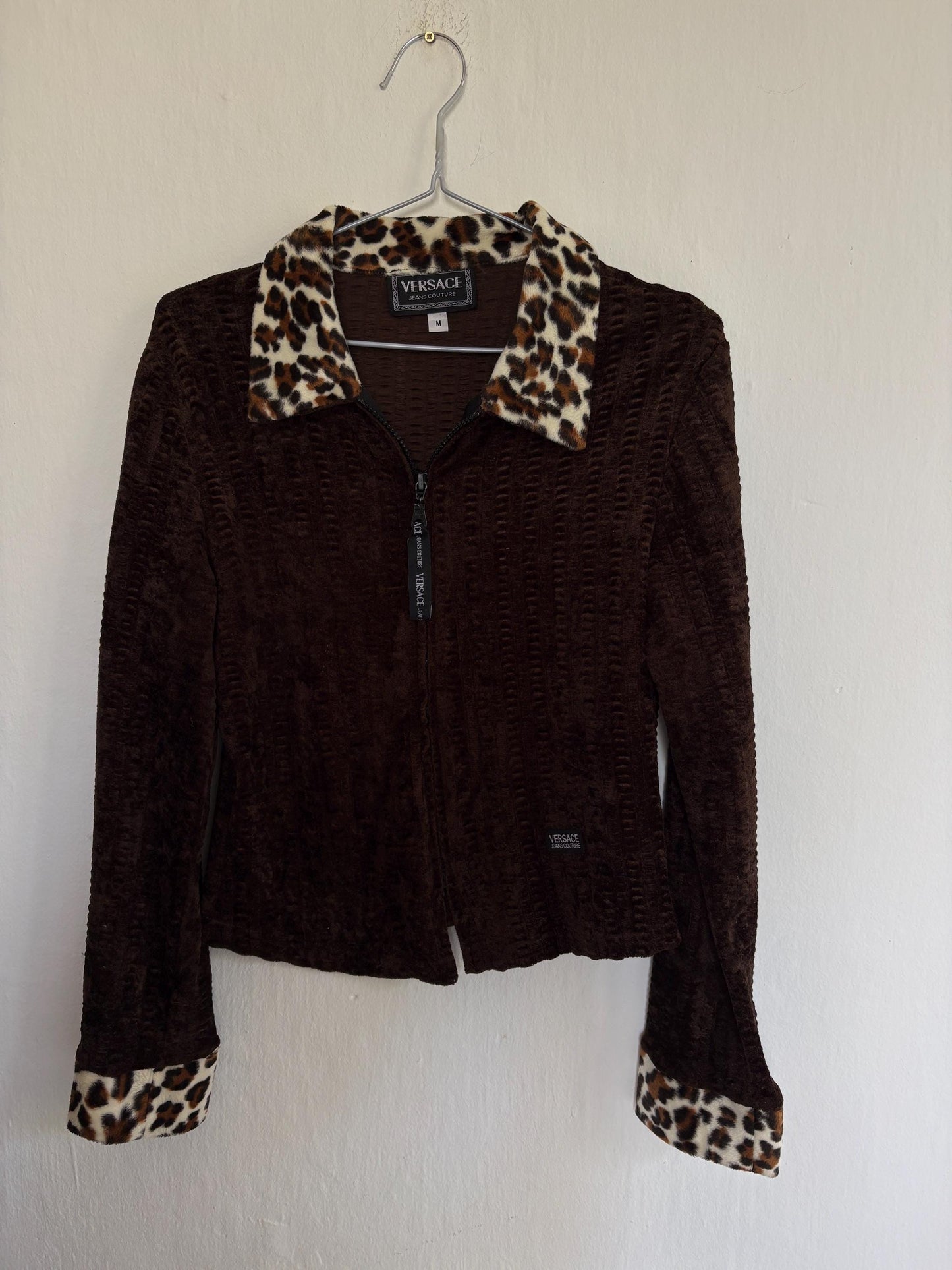 Vintage Versace Brown Zip Jacket With Leopard Collar — detail
