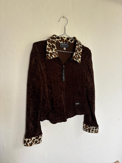 Vintage Versace Brown Zip Jacket With Leopard Collar — back view