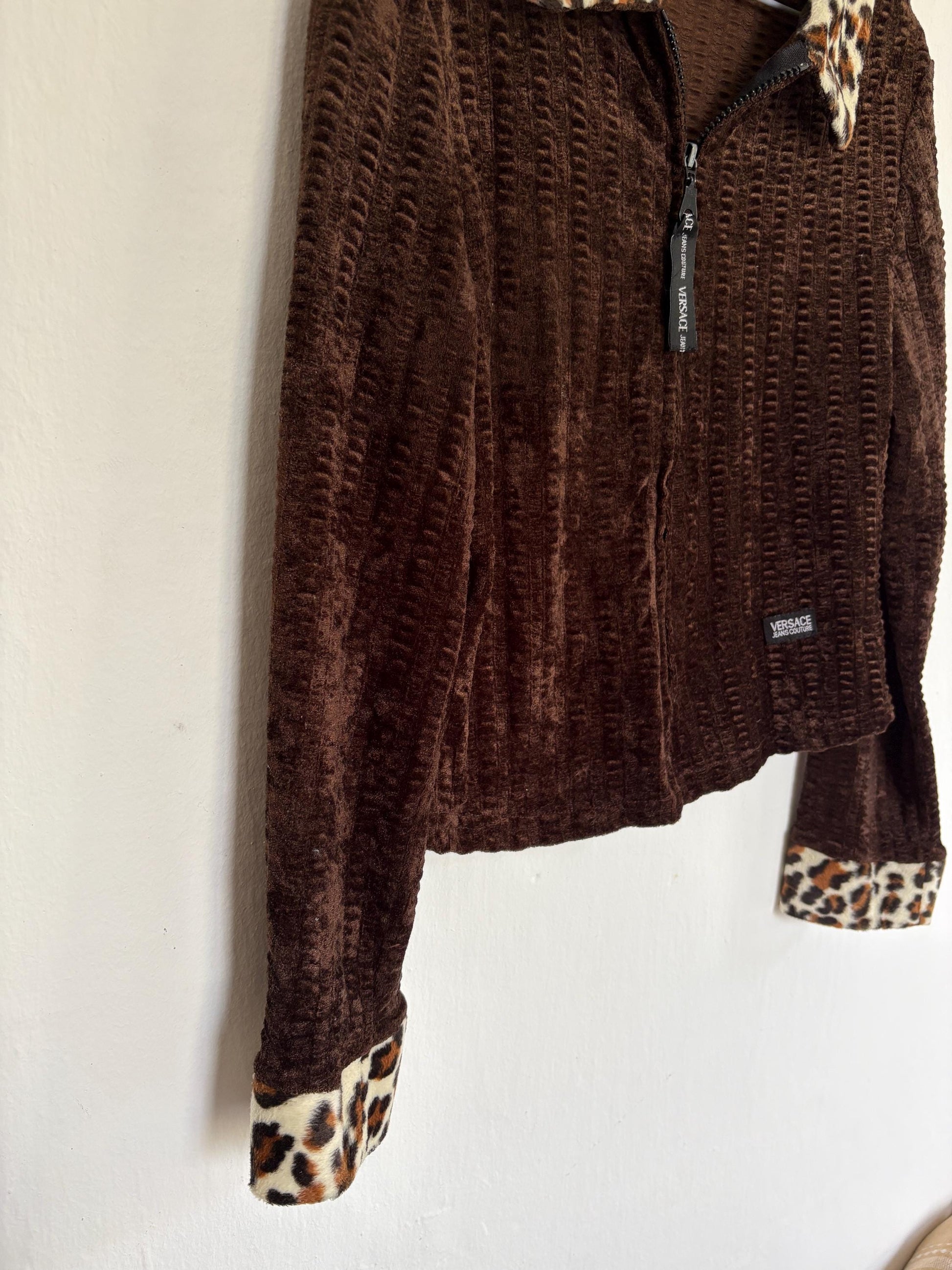 Vintage Versace Brown Zip Jacket With Leopard Collar — additional view 5