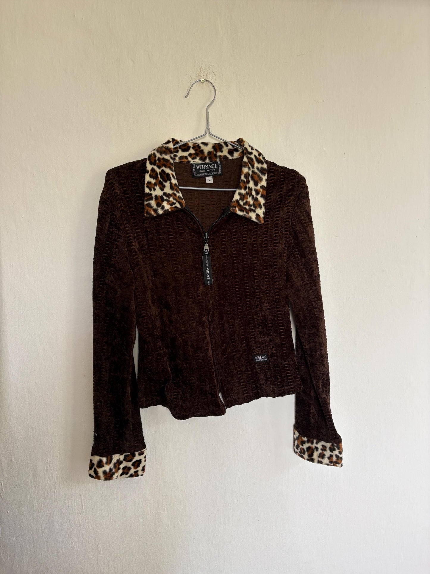 Vintage Versace Brown Zip Jacket With Leopard Collar — additional view 9