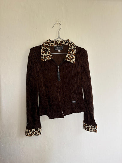 Vintage Versace Brown Zip Jacket With Leopard Collar — additional view 9