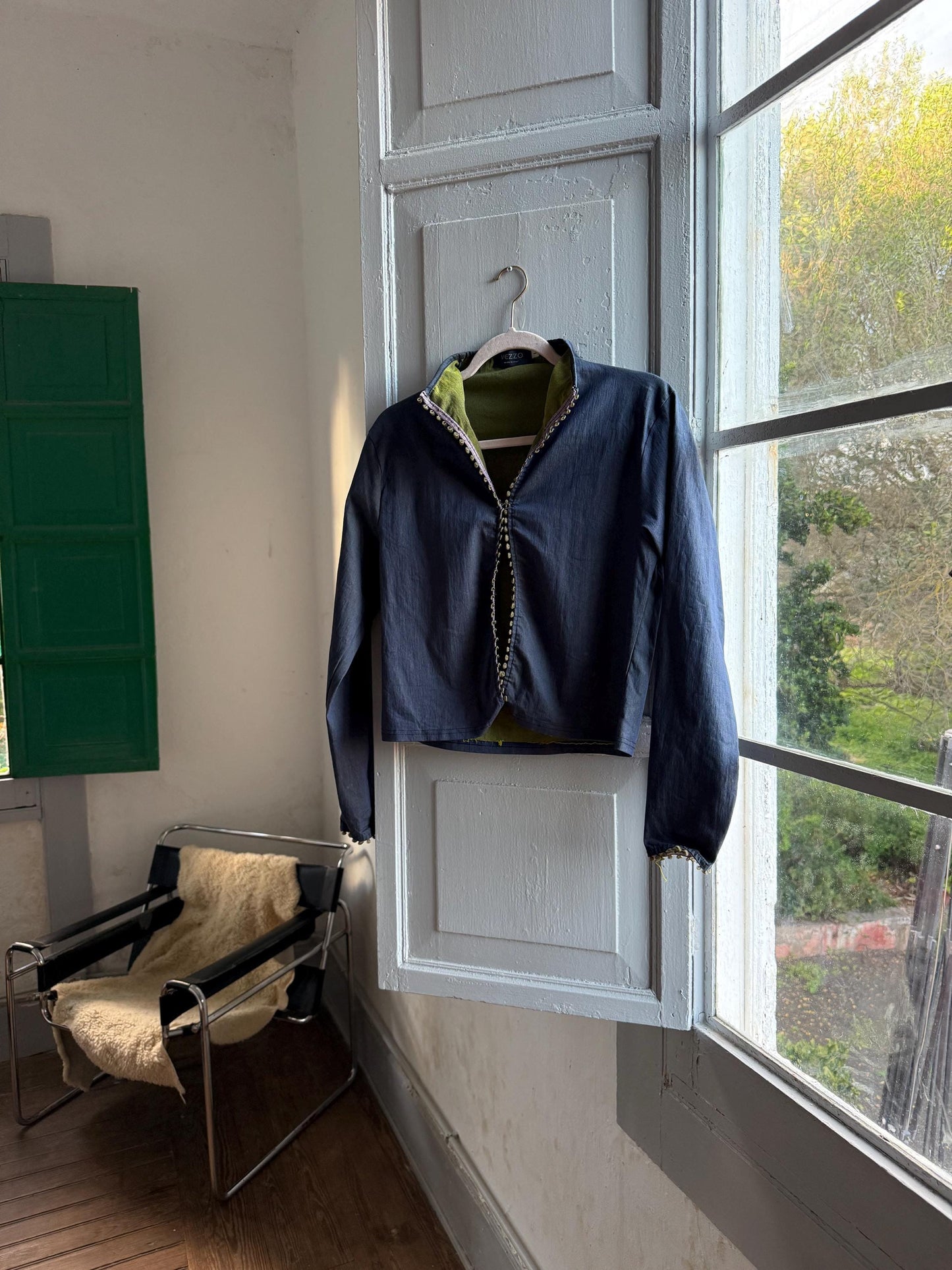 Vintage Y2K Blue and Green Women's Top — fabric close-up