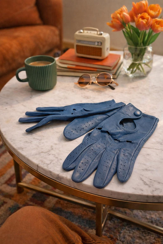 Vintage Blue Leather Driving Gloves — detail