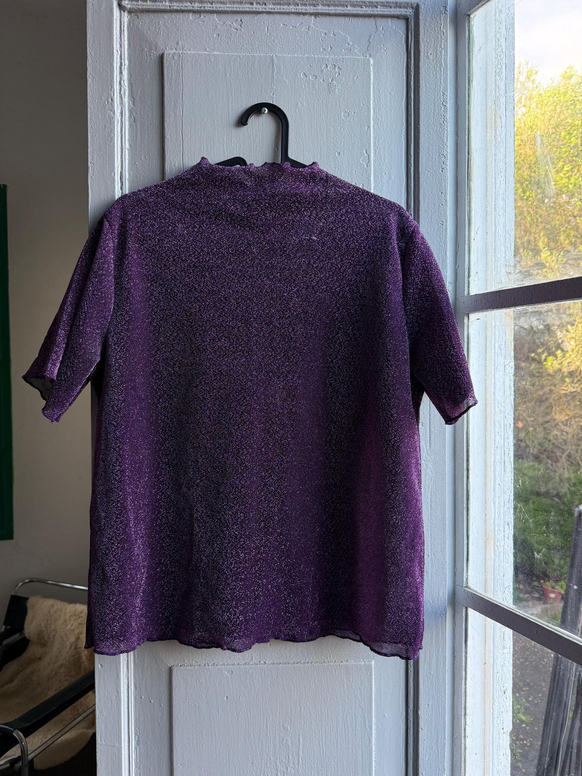 Vintage Purple Glitter Mockneck Top — back view