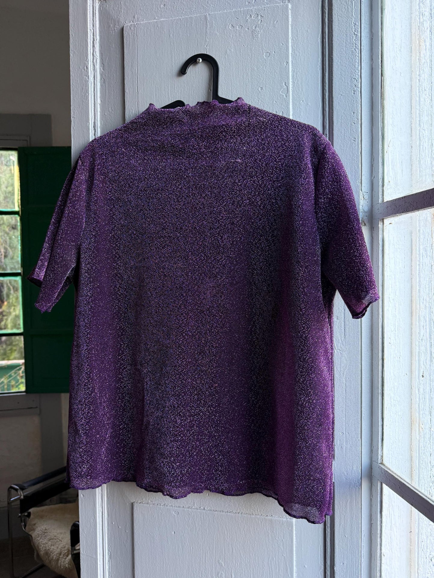 Vintage Purple Glitter Mockneck Top — fabric close-up