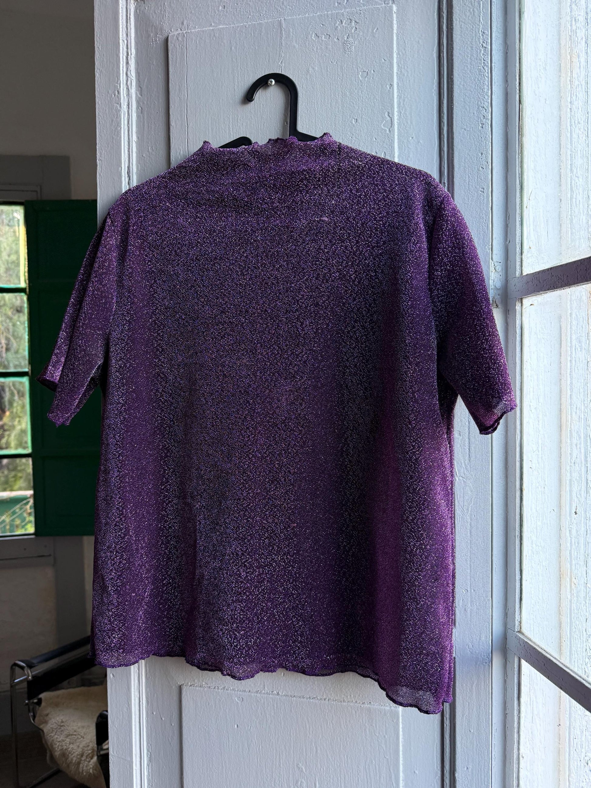 Vintage Purple Glitter Mockneck Top — fabric close-up