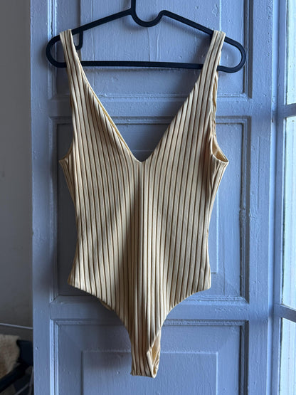 Vintage Beige Deep V Bodysuit With Open Back — additional view 5