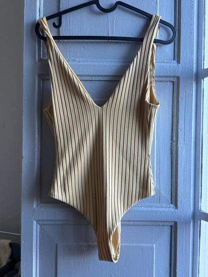Vintage Beige Deep V Bodysuit With Open Back — back view