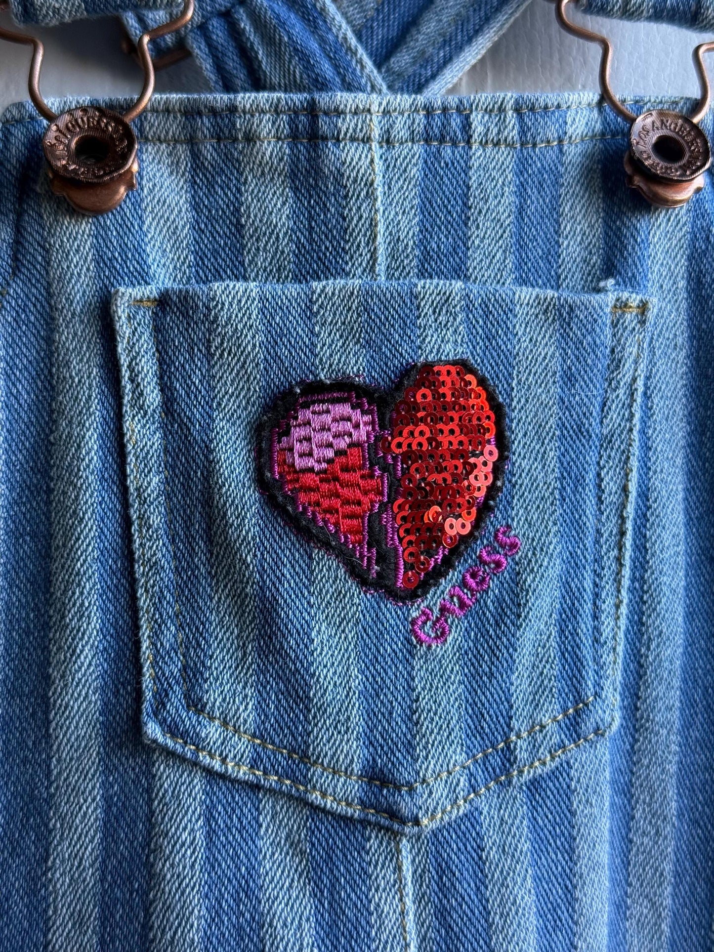 Guess Kids Striped Denim Overalls — fabric close-up
