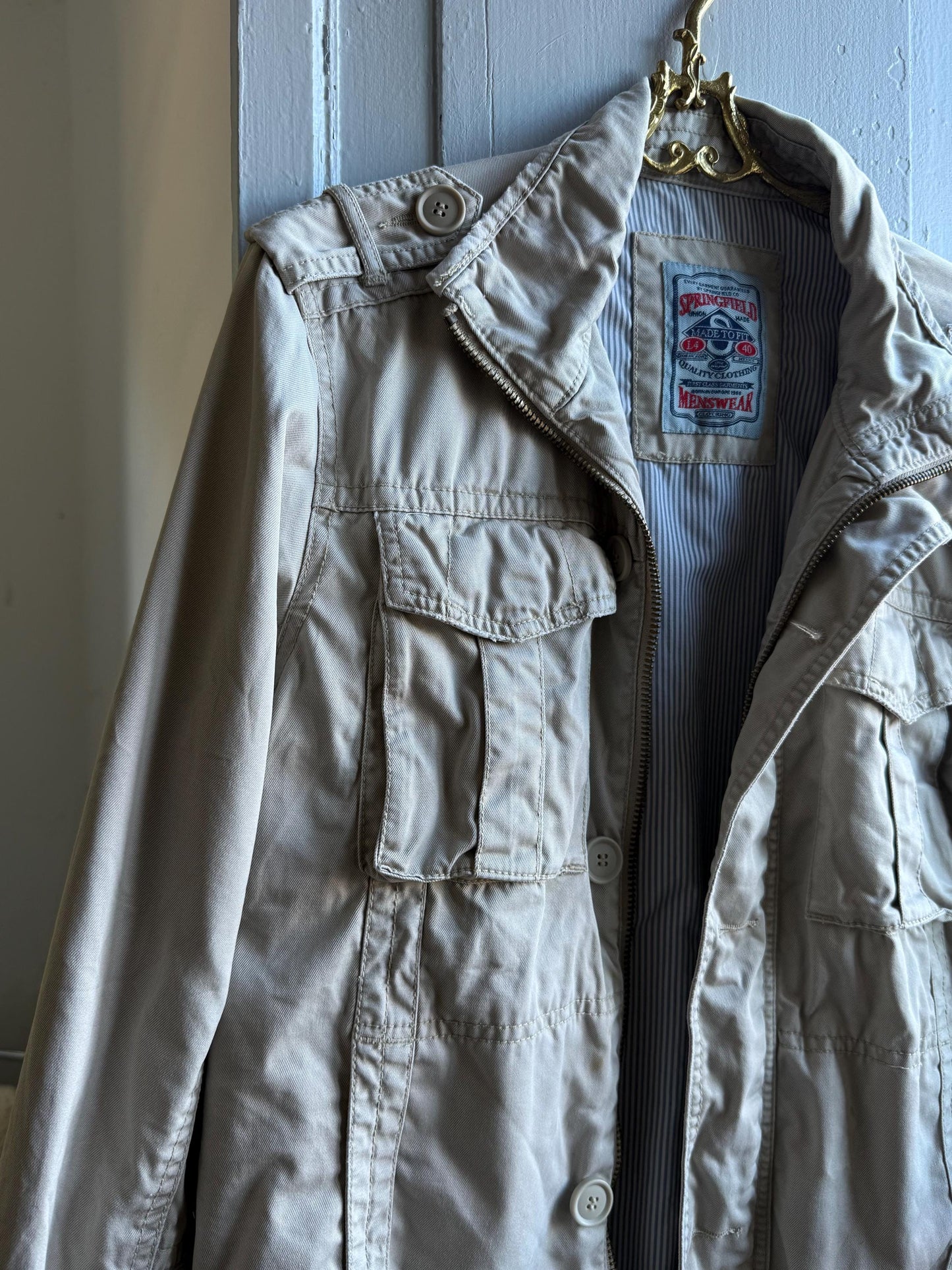 Vintage beige utility jacket, Cotton outdoor menswear, Beige summer coat, L