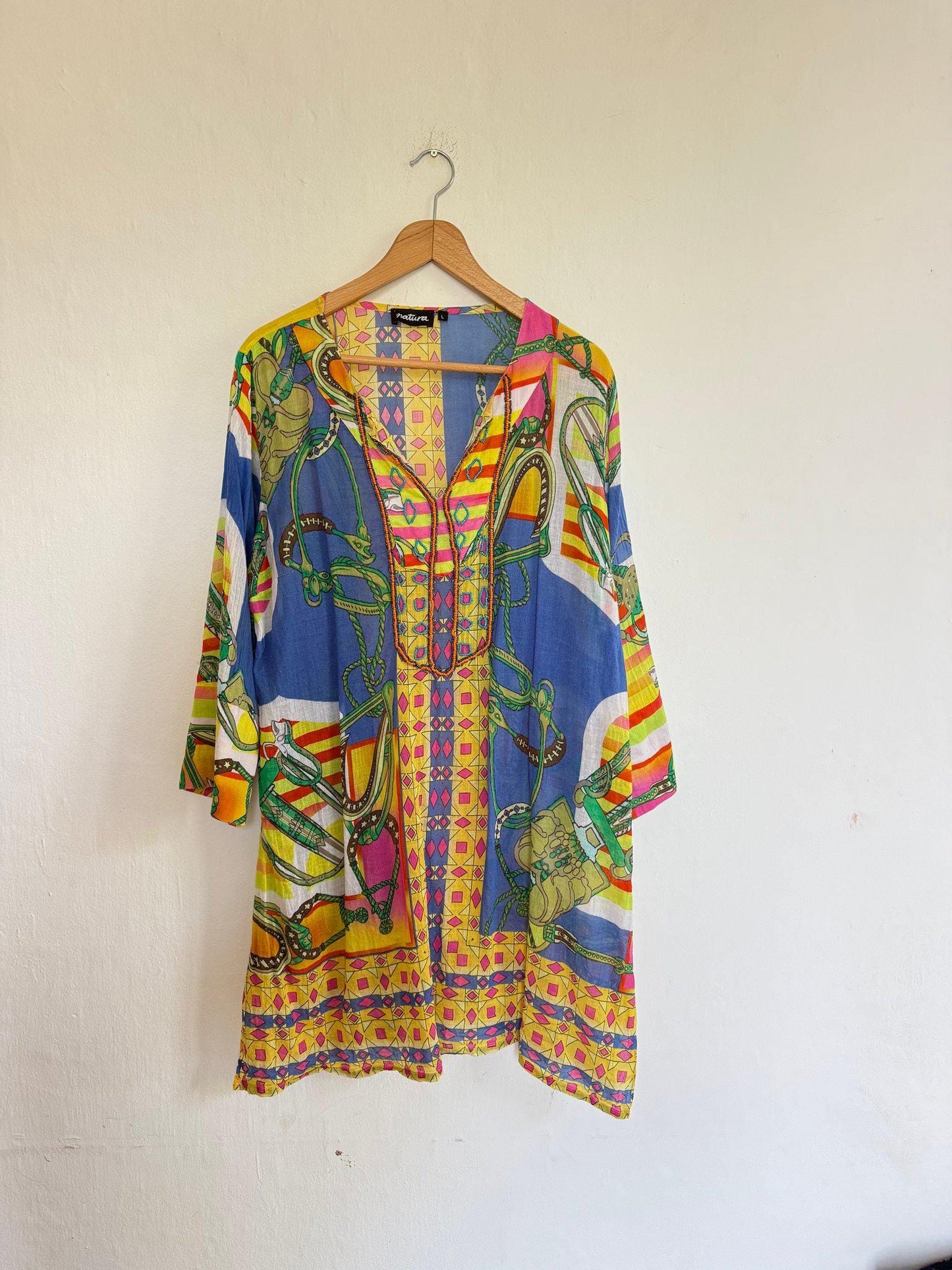 Natura colorful tunic summer dress, 100% cotton beach wear, Size L