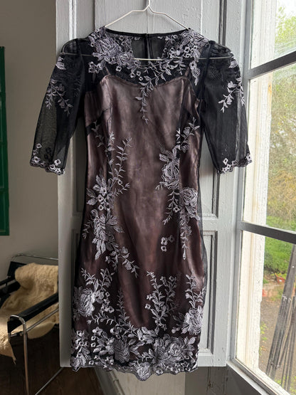 Black Lace Dress With Sheer Overlay — detail