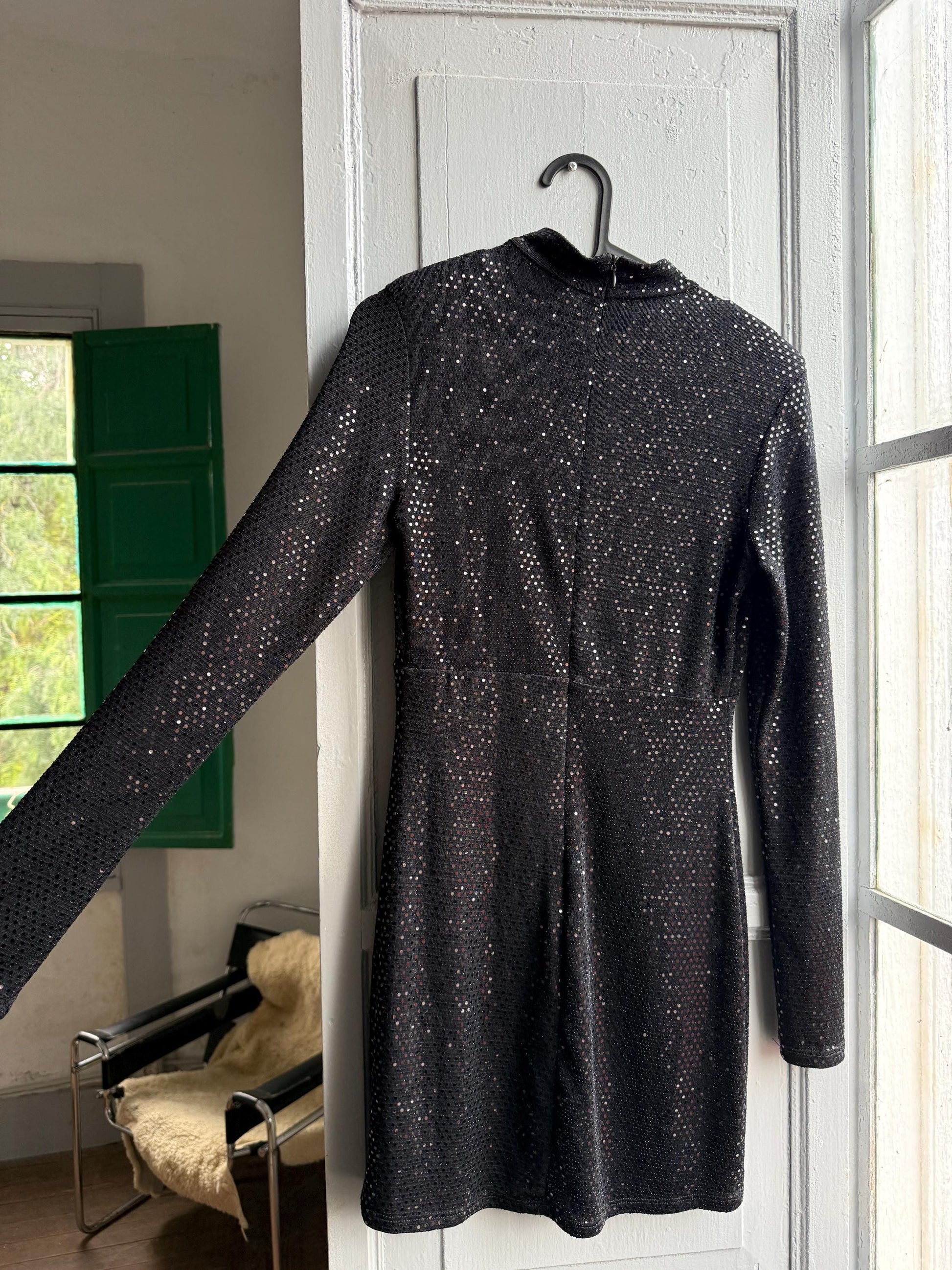 Simple black sparkly mini dress, fitted silhouette, New years eve outfit, Date night out, XXS