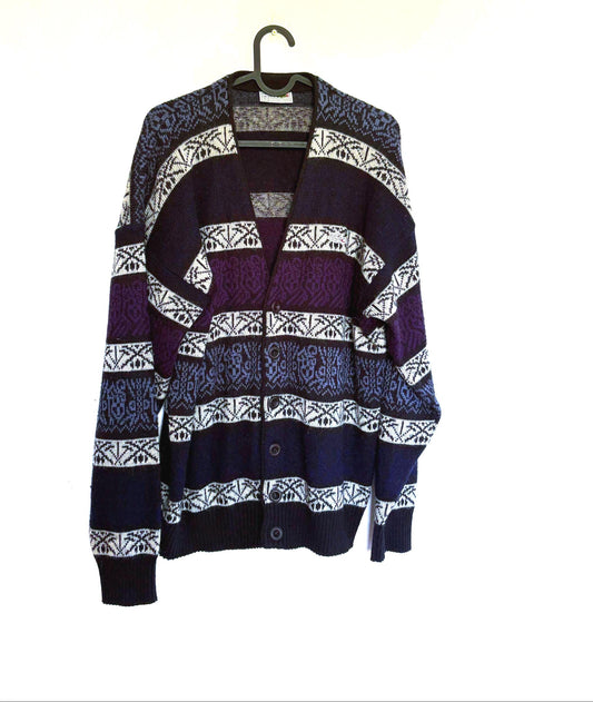 Vintage Lacoste wool blend cardigan, Fair Isle pattern, retro 80s style