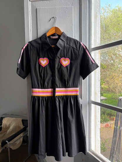 Retro black cotton dress, colorful heart appliques, retro 80s vibe, M