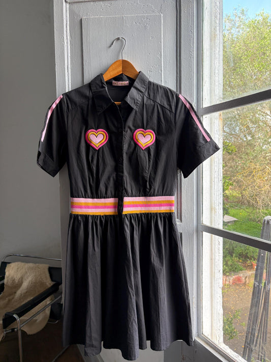 Retro black cotton dress, colorful heart appliques, retro 80s vibe, M