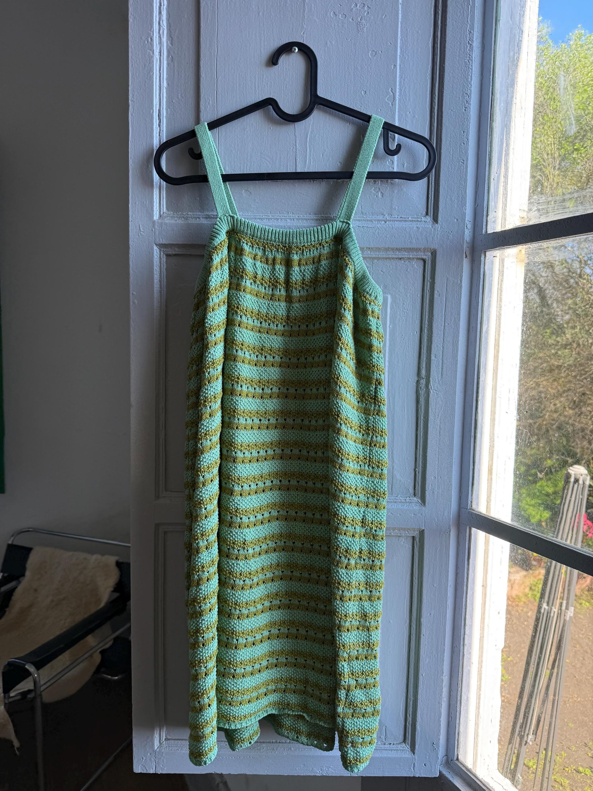Green Gold Striped Knit Dress for Girls — fabric close-up