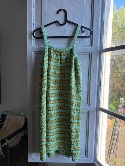 Green Gold Striped Knit Dress for Girls — fabric close-up