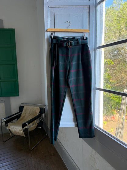 Plaid Belted High Waist Trousers — back view