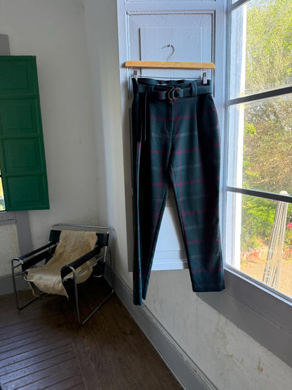 Plaid Belted High Waist Trousers — fabric close-up