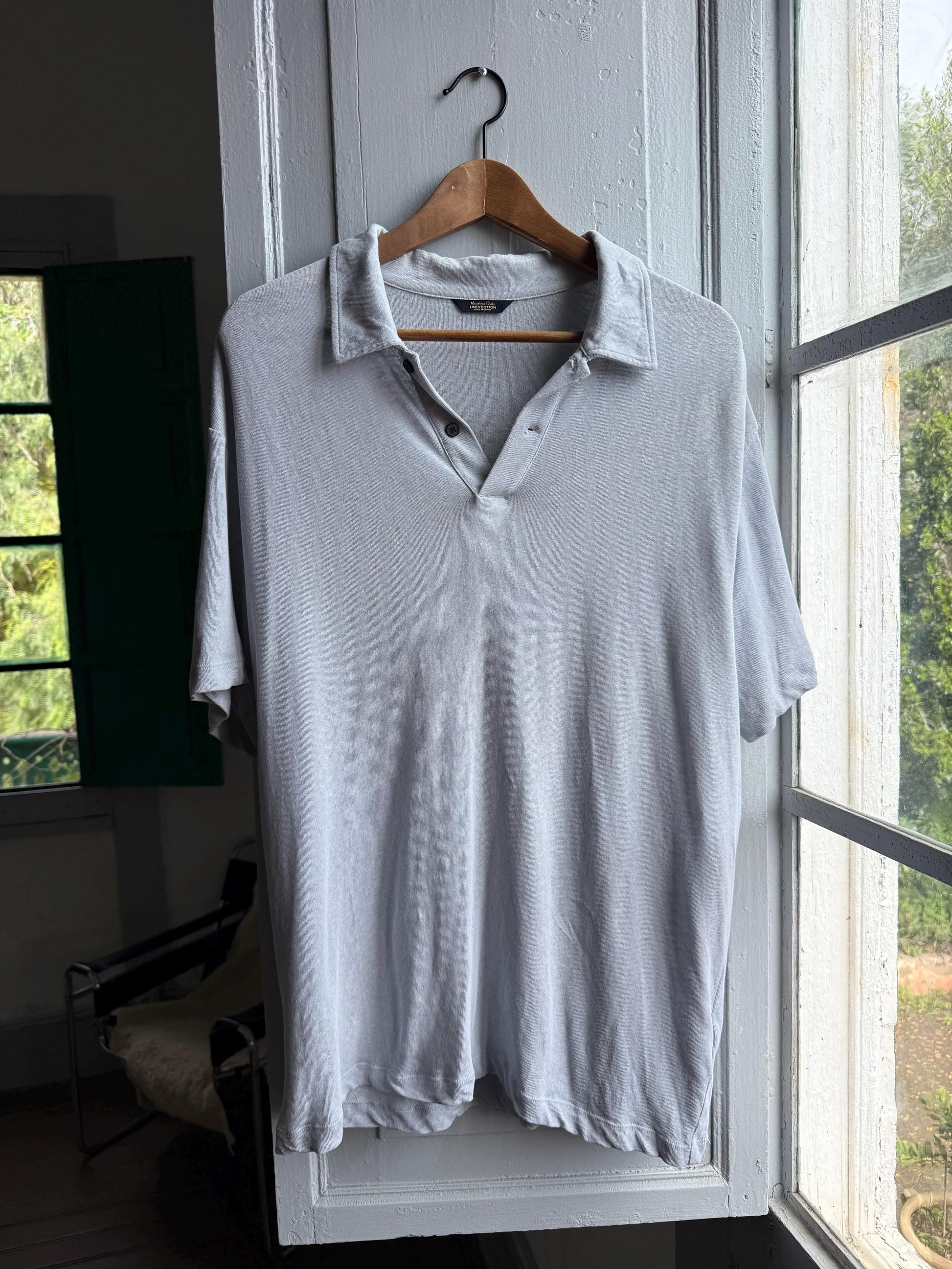 Light Grey Linen-Cotton Polo Shirt — fabric close-up