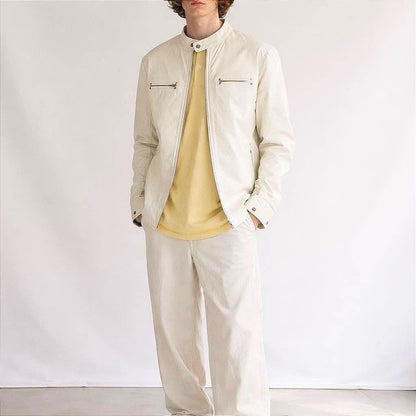 White Goat Leather Jacket, Minimalist Design, Men's US L