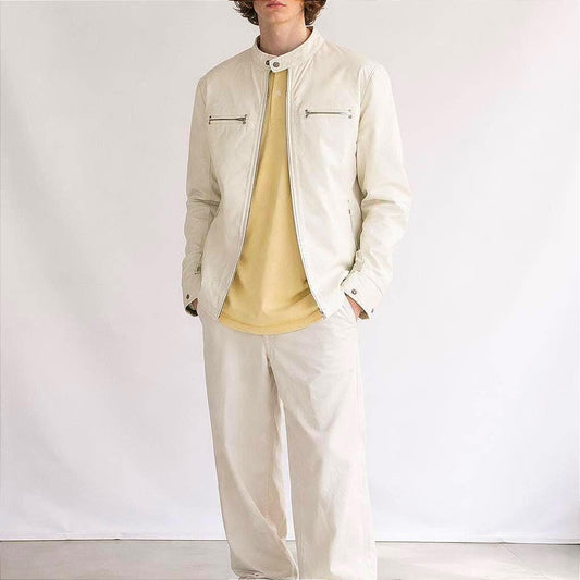 White Goat Leather Jacket, Minimalist Design, Men's US L