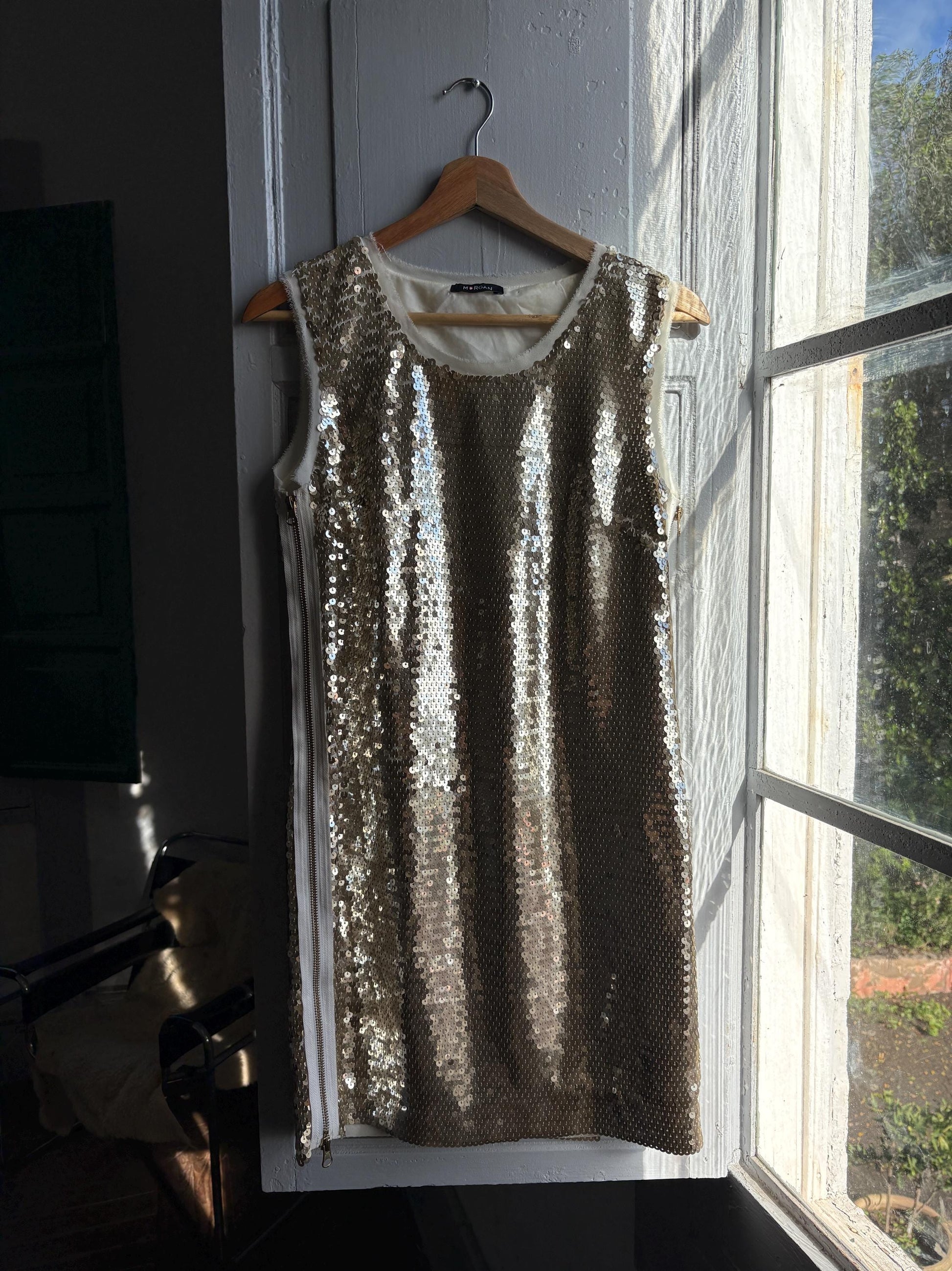 Morgan de Toi gold glitter dress, y2k glam Lindsay Lohan, party evening wear, XS