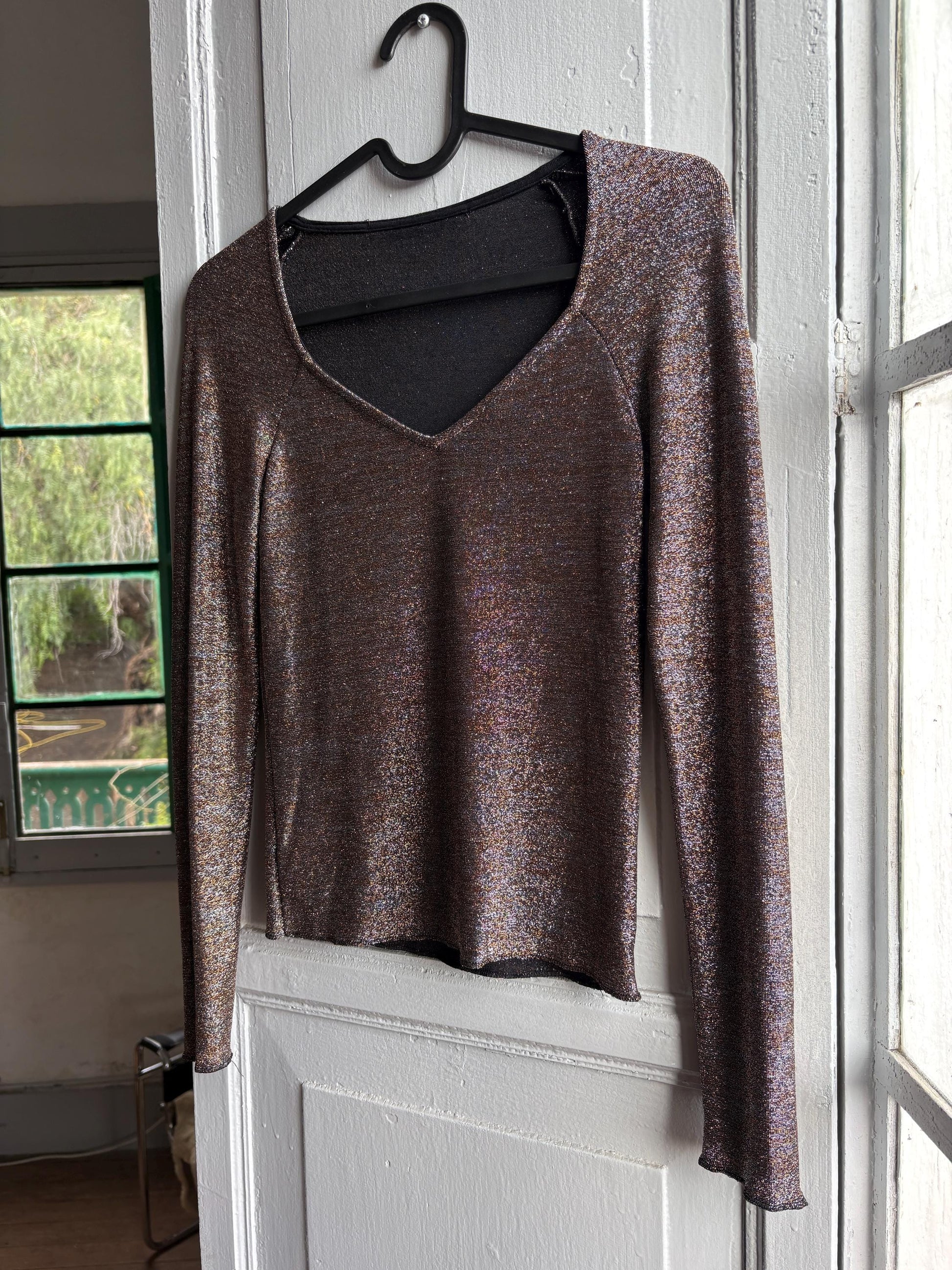 Vintage Silver Glitter Y2K Party Shirt — back view