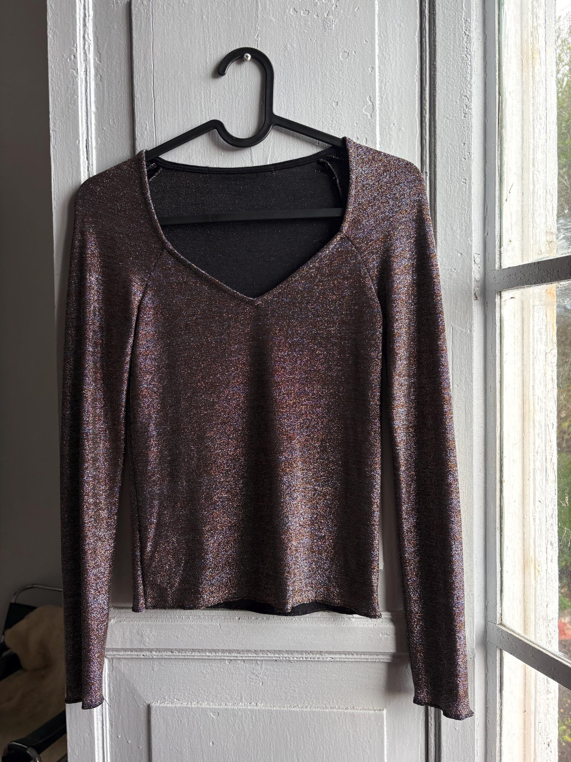 Vintage Silver Glitter Y2K Party Shirt — fabric close-up
