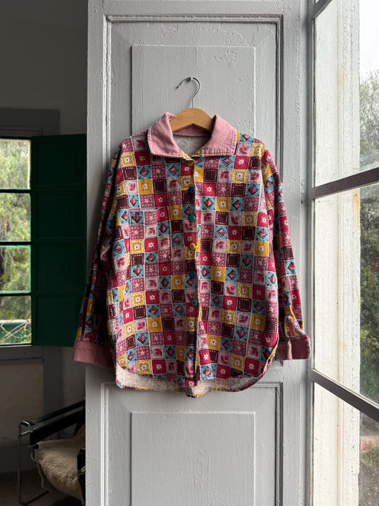 Vintage multicolor kids patchwork shirt, floral buttons button down, retro 70s kidswear