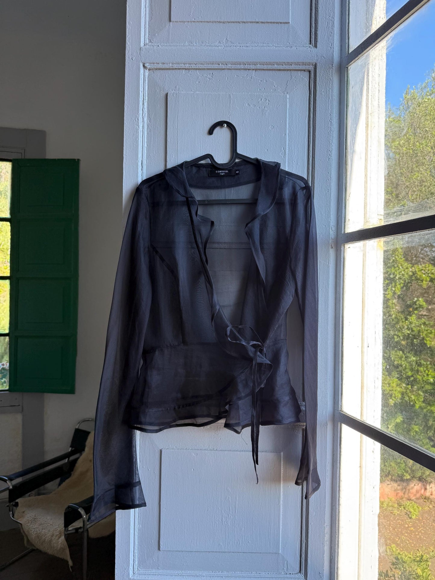 Black sheer ruffle blouse, Deep v neckline wrap top, elegant chic evening wear, size M