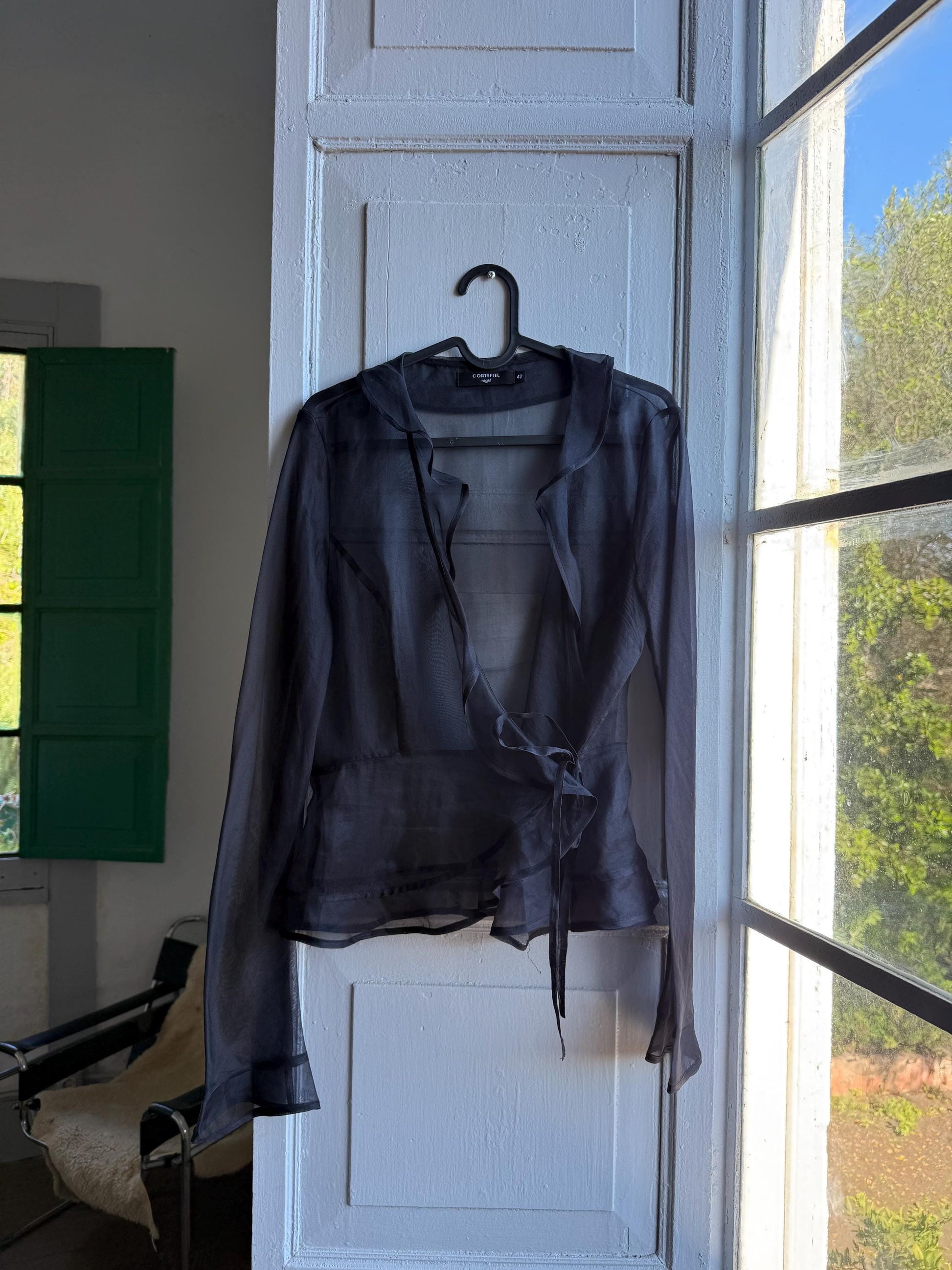 Black sheer ruffle blouse, Deep v neckline wrap top, elegant chic evening wear, size M