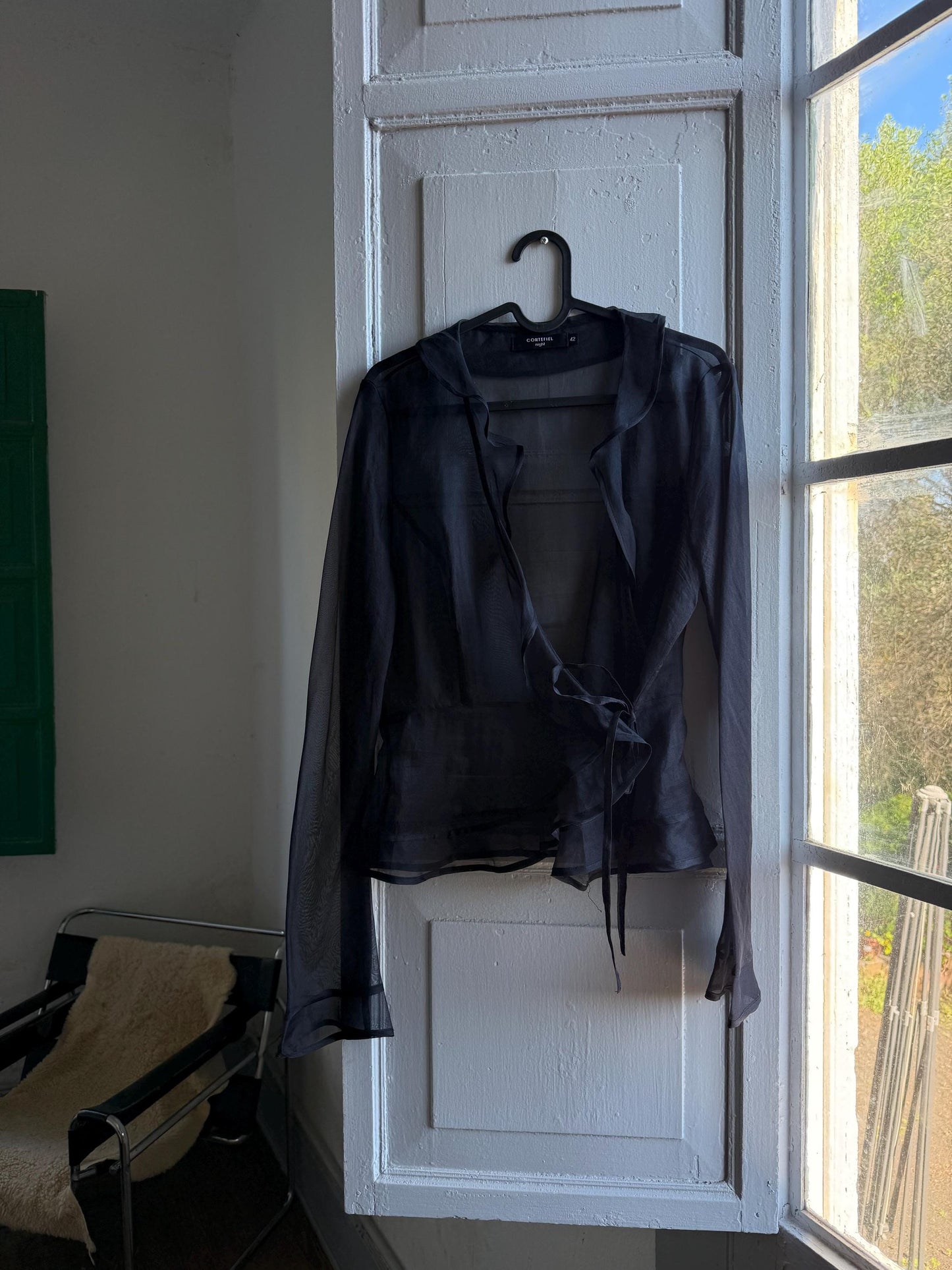 Black sheer ruffle blouse, Deep v neckline wrap top, elegant chic evening wear, size M