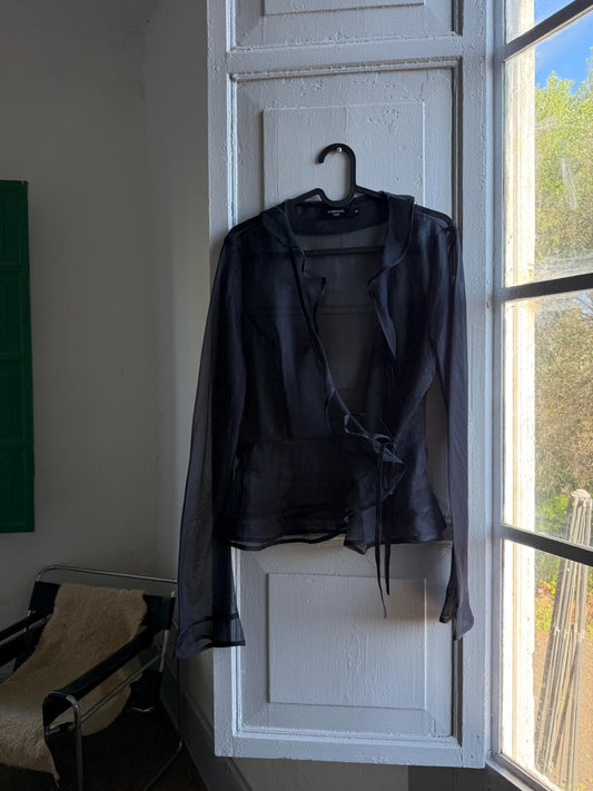 Black sheer ruffle blouse, Deep v neckline wrap top, elegant chic evening wear, size M