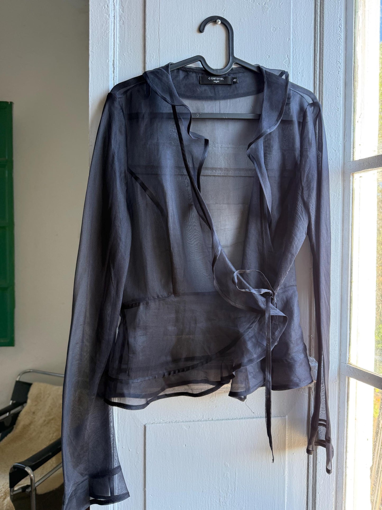 Black sheer ruffle blouse, Deep v neckline wrap top, elegant chic evening wear, size M