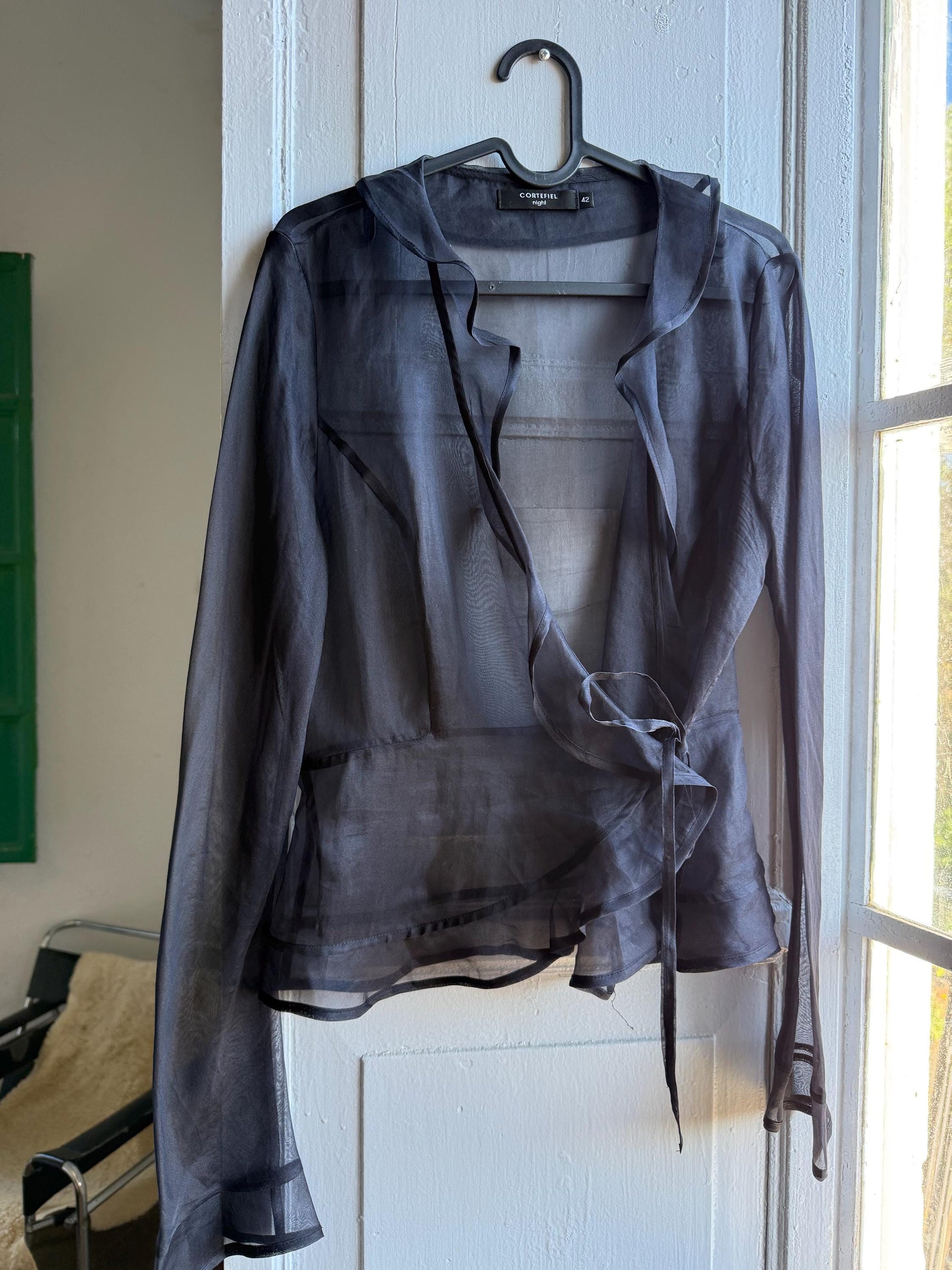 Black sheer ruffle blouse, Deep v neckline wrap top, elegant chic evening wear, size M