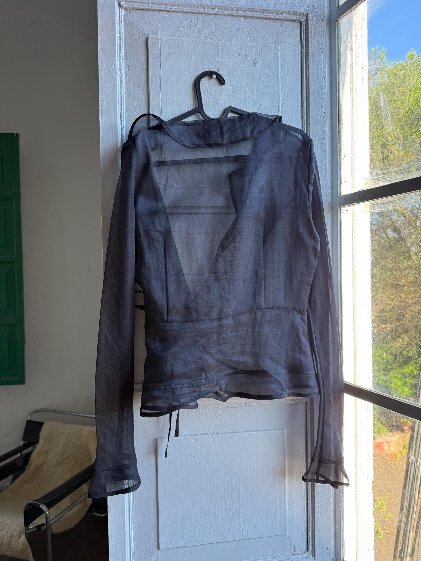 Black sheer ruffle blouse, Deep v neckline wrap top, elegant chic evening wear, size M