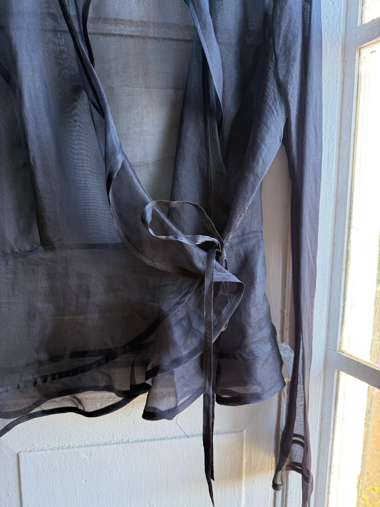 Black sheer ruffle blouse, Deep v neckline wrap top, elegant chic evening wear, size M