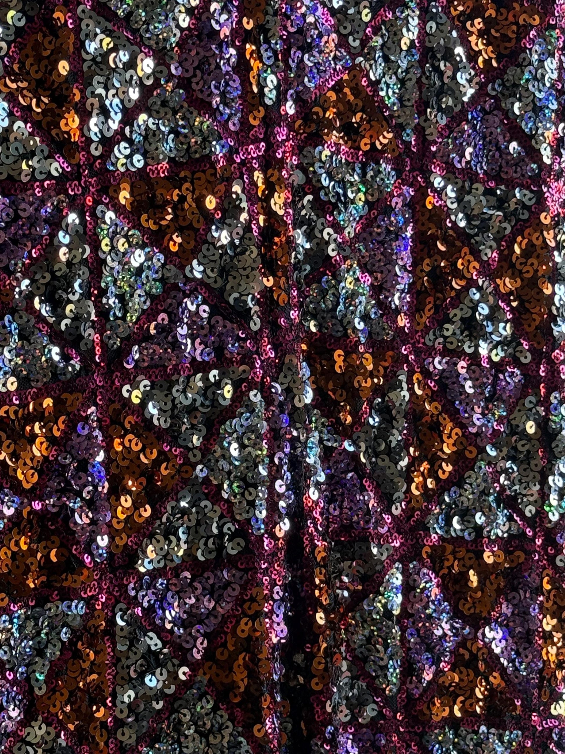 Sequin Flared Pants In Pink And Red — fabric close-up